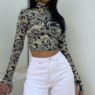 Mock-neck Long-sleeve Dragon Print T-shirt