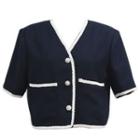 Contrast Trim Short-sleeve Cropped Jacket Navy Blue - One Size
