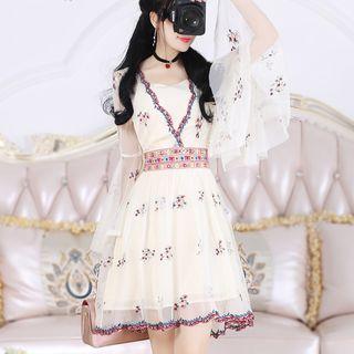 Embroidered Bell-sleeve Chiffon Dress
