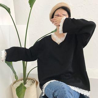 Lace Trim V-neck Pullover