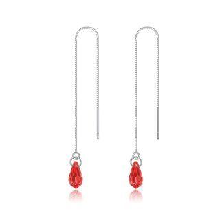 925 Sterling Silver Simple Water Drop Shaped Red Austrian Element Crystal Tassel Earring Silver - One Size
