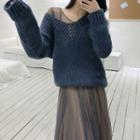 V-neck Sweater / Long-sleeve A-line Midi Mesh Dress