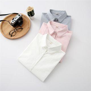Long-sleeve Crochet Trim Plain Shirt