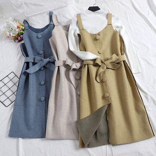 Long-sleeve Mock Neck Knit Top / Sleeveless Button-front Midi A-line Dress