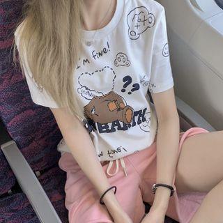 Cartoon Bear Print T-shirt White - One Size
