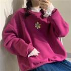 Long-sleeve Mesh Top / Flower Embroidered Oversize Pullover