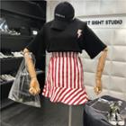 Set: Elbow-sleeve Printed T-shirt + Striped Mini Skirt