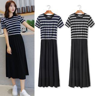 Short-sleeve Stripe Panel Midi A-line Dress