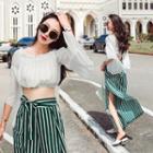 Off-shoulder Top / Slit Striped Wide Leg Pants
