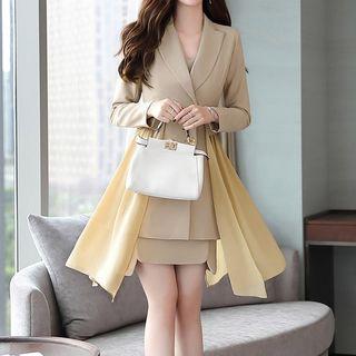 Set: Sleeveless Sheath Dress + Chiffon Panel Long Blazer