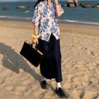 Short-sleeve Floral Print Shirt / Midi A-line Denim Skirt