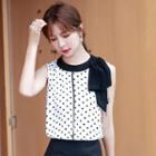 Contrast Trim Bow Dotted Sleeveless Blouse