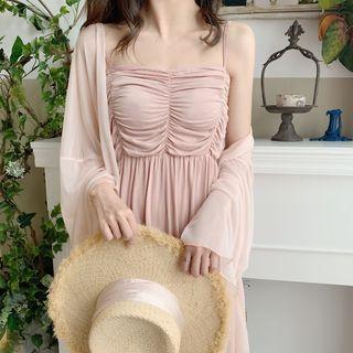Shirred Sleeveless Dress / Open Front Plain Top