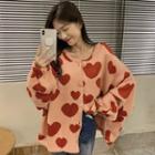 Long-sleeve Heart Print Button-up Sweater Cardigan Pink - One Size