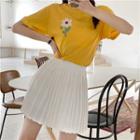 Flower Short-sleeve Top + Plain Pleated Mini Skirt