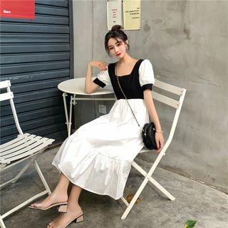 Puff-sleeve Square Collar Panel Midi Dress As Shown In Figure - One Size