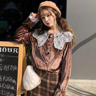 Lace Panel Corduroy Long-sleeve Blouse