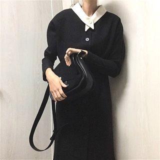 Long-sleeve Mock Neck Midi A-line Dress Black - One Size
