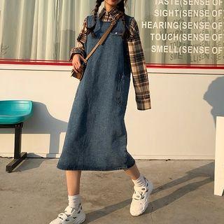 Plain Crewneck Sleeveless Denim Dress As Shown In Figure - One Size