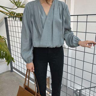 Pintuck-trim Banded-hem Wrap Blouse