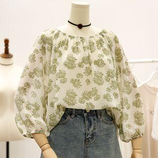 Flower Print Off-shoulder Chiffon Blouse Green - One Size