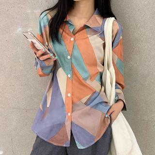 Color-block Long-sleeve Loose-fit Shirt As Shown In Figure - One Size