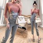 Set: 3/4-sleeve Paneled Knit Top + Straight-leg Pants