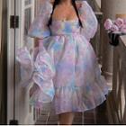 Puff-sleeve Tie-dye A-line Organza Dress