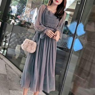 Smocked Midi Mesh A-line Dress