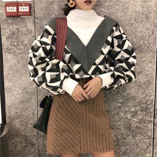 Patterned Panel Mock Neck Pullover