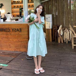 Short-sleeve Drawstring Midi A-line Dress Mint Green - One Size