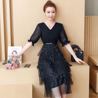 Short-sleeve Sequin A-line Mesh Dress