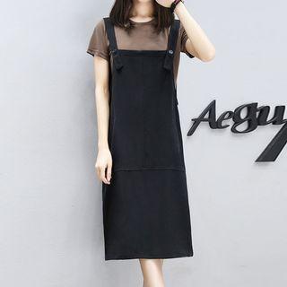 Set: Crew-neck Short-sleeve T-shirt + Pocketed Pinafore Dress