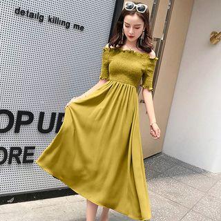 Short-sleeve Smocked Midi A-line Dress