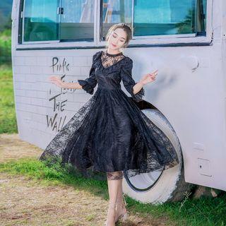 Lace Yoke Mesh-overlay Shirred A-line Dress