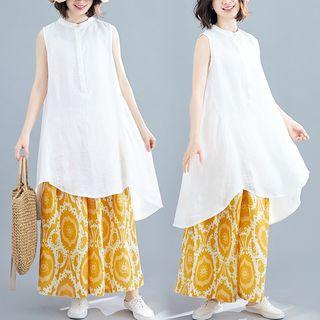 Set: Sleeveless Long Shirt + Floral Print Wide Leg Pants