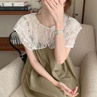 Set : Peter Pan Collar Lace Shirt + Spaghetti-strap Maxi Dress