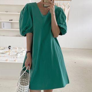 Puff-sleeve Loose Fit V-neck Plain Dress