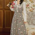 Long-sleeve Floral Embroidered Check Lace Trim Midi A-line Dress