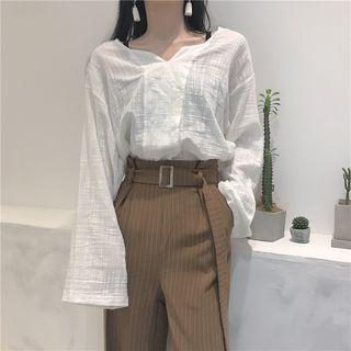 Plain V-neck Long-sleeve Loose-fit Blouse + Striped High-waist Wide-leg Pants