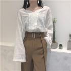 Plain V-neck Long-sleeve Loose-fit Blouse + Striped High-waist Wide-leg Pants