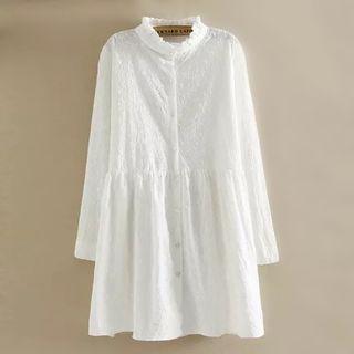 Frill Neck Embroidered Long-sleeve Shirt Dress