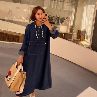 Half-placket Kangaroo-pocket Denim Hoodie Dress Blue - One Size