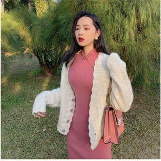 Long-sleeve Knit Midi Qipao Dress