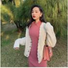 Long-sleeve Knit Midi Qipao Dress