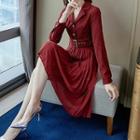 Long-sleeve Buckled Pleated A-line Shirtdress