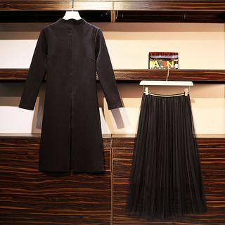 Set: Mock-neck Long-sleeve Dress + Mesh A-line Skirt