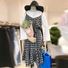 Set: Long-sleeve Top + Spaghetti Strap Plaid Dress