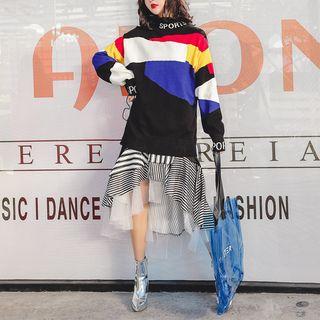 Turtleneck Color Block Sweater Black - One Size