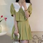 Short-sleeve Button-up Blouse / A-line Pleated Skirt